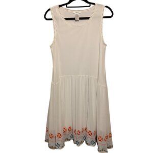 Esley White Sleeveless Dress Embroidered Hem Pom-Pom Trim Sz L Fairy Cottagecore
